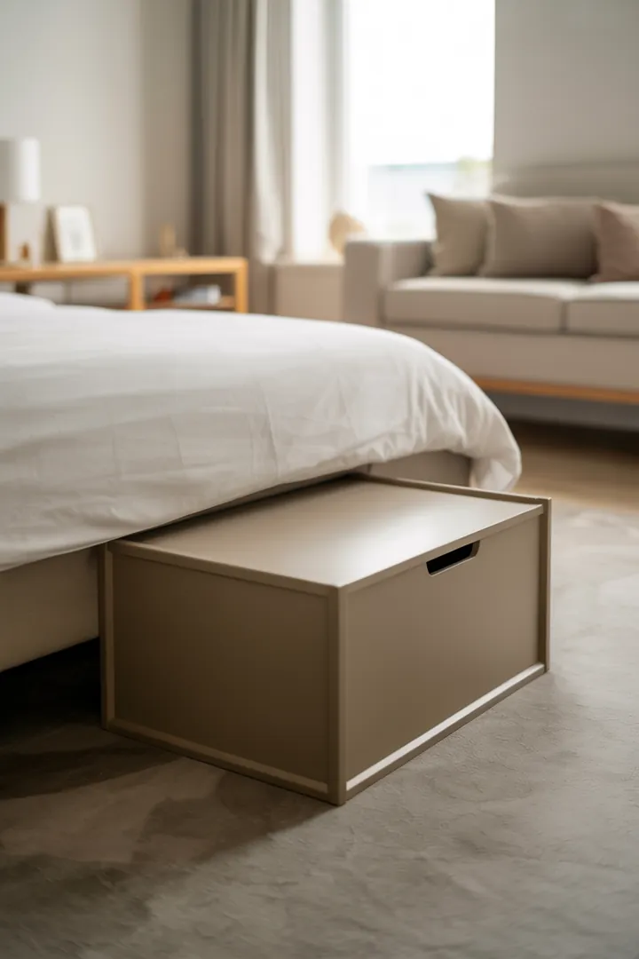 Unterbettboxen als unsichtbarer Stauraum unter dem Bett für Saisonkleidung und Bettwäsche, staubarm und platzsparend.