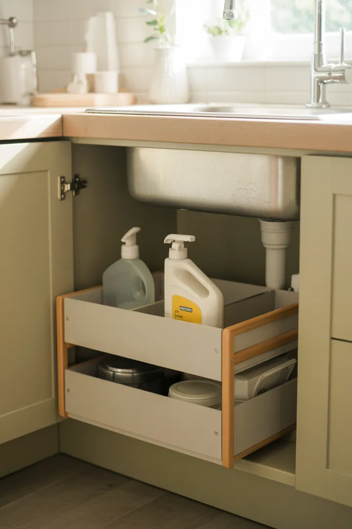 Unterspüle-Organizer als Ordnungslösung trotz Siphon, am besten ausziehbar, wasserfest und so geplant, dass Sprühflaschen und Putzzeug ohne Umkippen stehen.