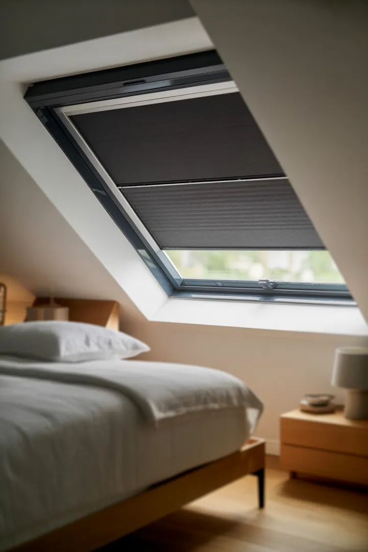 Verdunkelung fürs Dachfenster als passgenauer Licht- und Sonnenschutz, besonders wirksam mit Führungsschienen gegen seitliche Lichtspalten.