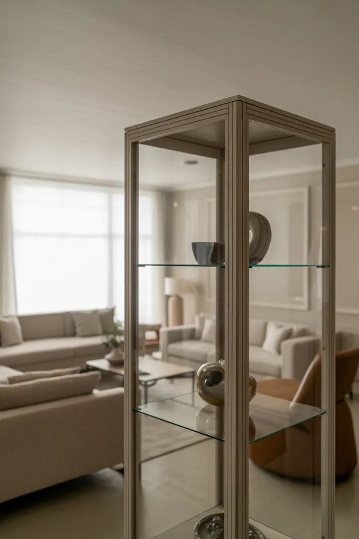 Vitrine als geschlossener Glasschrank zum staubarmen Präsentieren ausgewählter Stücke, ohne offene Regale unruhig zu machen.