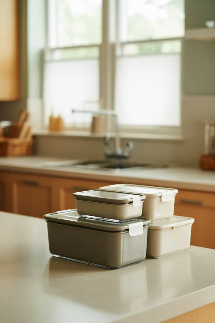 Vorratsdosen-Set als Ordnungsbasis in der Küche, am besten stapelbar und mit einheitlichen, dicht schließenden Deckeln, passend zu Schubladen- und Regalhöhen.