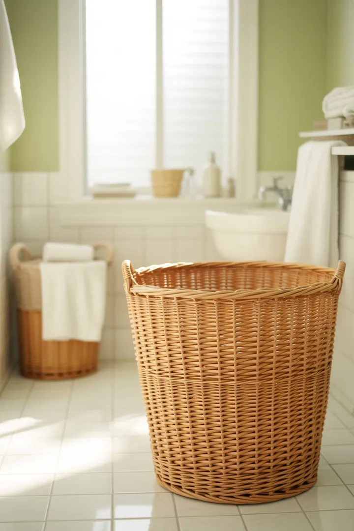 Wäschekorb als Sammelstelle für Schmutzwäsche, sinnvoll belüftet und in passender Größe, damit es nicht müffelt und der Transport zur Wäsche einfach bleibt.