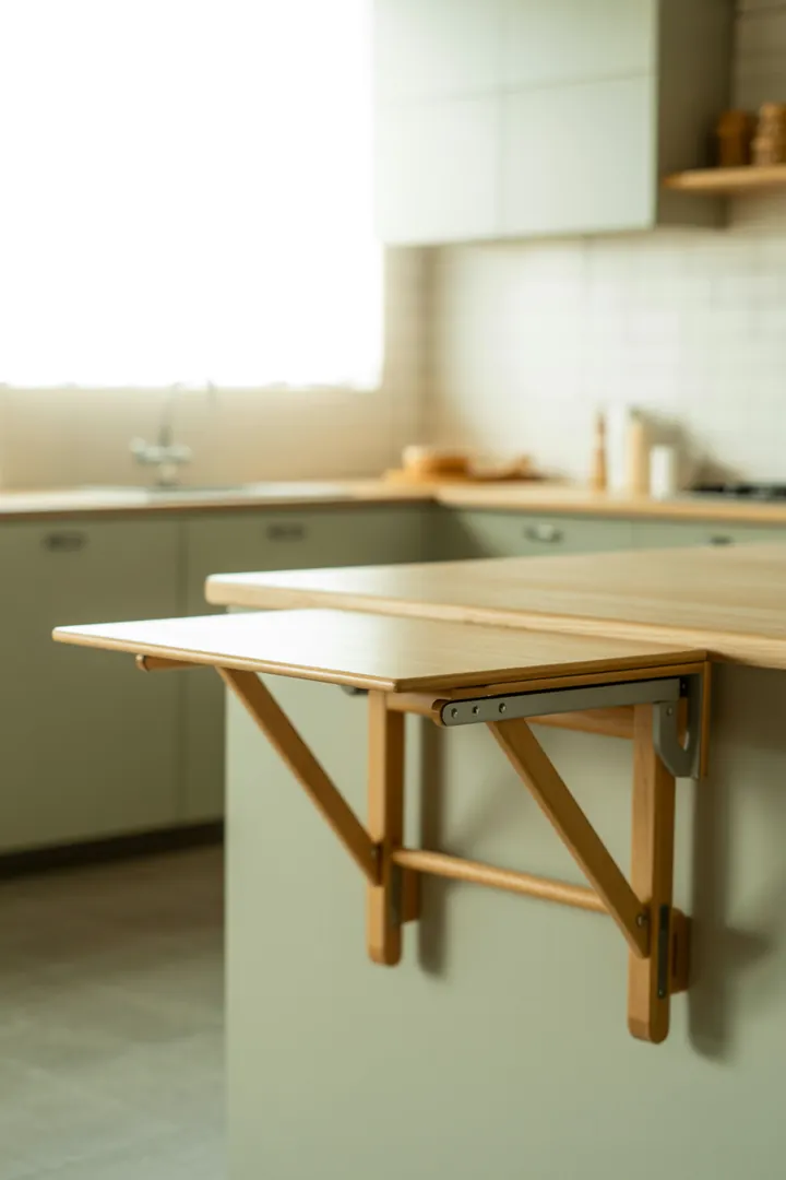 Wandklapptisch als ausklappbare Arbeits- oder Essfläche, die eingeklappt Durchgänge freihält.