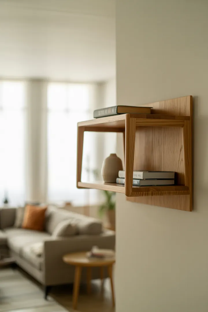 Wandregal als Ablage ohne Bodenfläche, gut zum Strukturieren von Zonen und für schnellen Zugriff auf Kleinteile.